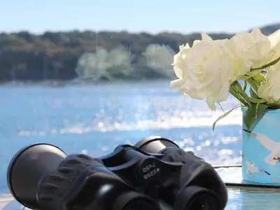 a camera sitting on a table next to a vase of flowers at Pier Cottage in Saint Mawes