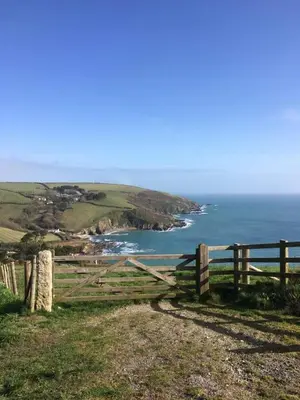 a fence on the side of a hill near the ocean at Talehay Cottages in Looe