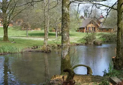 a pond in a yard with a house in the background at Hengar Select in Saint Tudy