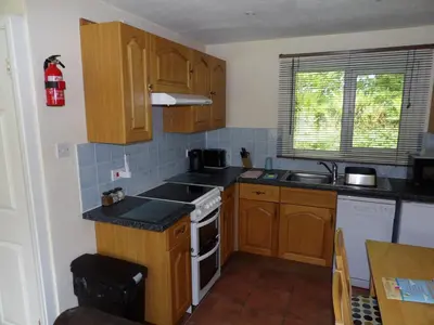 a kitchen with wooden cabinets and a stove top oven at Hengar Select in Saint Tudy