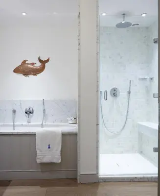 a bathroom with a shower and a sink at Hotel Tresanton in Saint Mawes