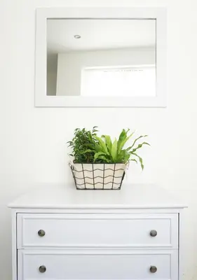a white dresser with a potted plant on it at Ocean Views 4 in Newquay