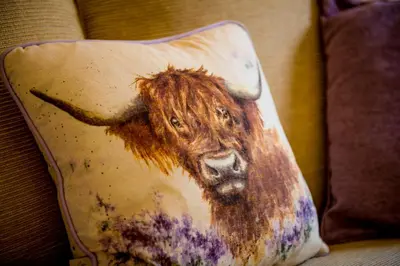 a pillow with a picture of a cow on a couch at Higher Trewithen in Stithians