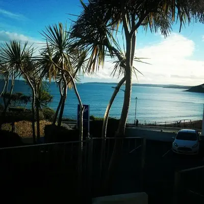 a car parked next to the ocean with palm trees at Anacapri in Falmouth
