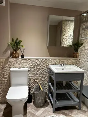 a bathroom with a toilet and a sink and a mirror at Pentire Headland Retreat in Newquay