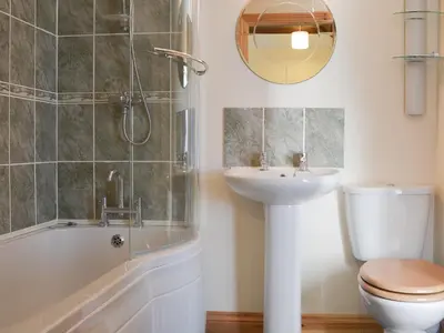 a bathroom with a sink and a toilet and a shower at Beckaveans Stable in Jacobstow