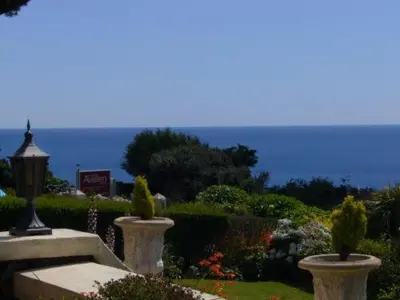a garden with two concrete vases with trees in it at Porth Avallen Hotel in St Austell