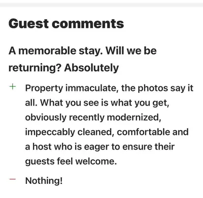 a screenshot of a text message with the words guest comments a memorable stay at 2 Fernleigh Villas in Perranporth