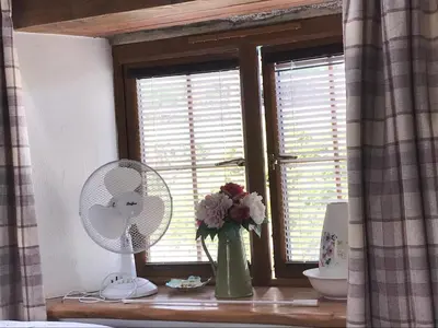 a window with a vase of flowers and a fan at The Stable in Saint Clether