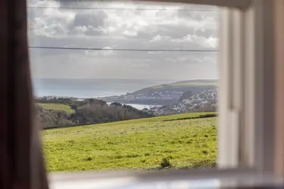 a view of a green field from a window at Bucklawren Farm in Looe