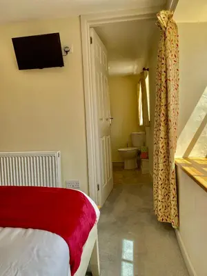 a bedroom with a bed and a television on the wall at Lynwood House Bed and Breakfast in Tregoney