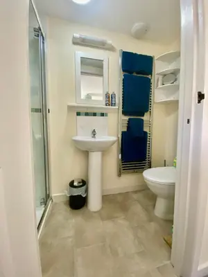 a bathroom with a sink and a toilet at Lynwood House Bed and Breakfast in Tregoney