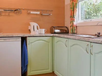 a kitchen with green cabinets and a sink at Little Whiteleigh in Week Saint Mary