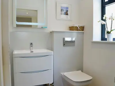 a bathroom with a toilet and a sink and a mirror at Bosun's in Port Isaac