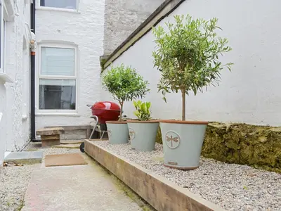 three potted trees sitting on the steps of a house at Rosetta Apartments - Ocean Mist in Newquay