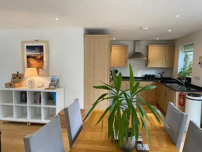 a kitchen and dining room with a potted plant at OHANA HOUSE - Unbeatable Location - UK's Best Beaches in Newquay