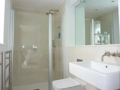 a bathroom with a shower and a toilet and a sink at Flat 8 Seascape in Newquay
