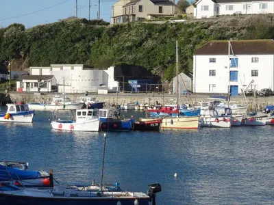 a bunch of boats are docked in the water at The Hayloft in Breage