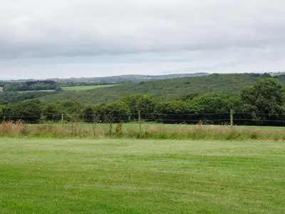 a field of green grass with a fence and trees at Badger Cottage in Mawgan