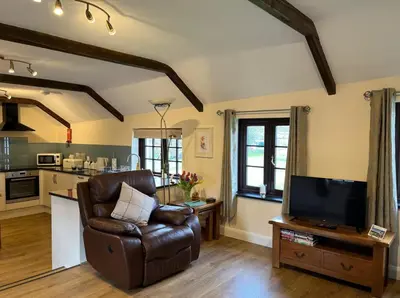 a living room with a leather chair and a television at Maple & Beech Barns in Truro