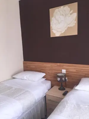 a bedroom with two beds and a picture on the wall at Seashells in Newquay