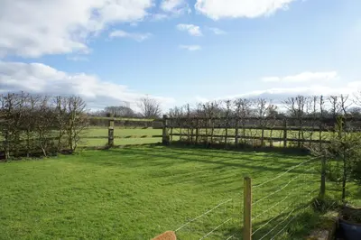 a fenced in field with a fence and green grass at The annex, Ruthvose in Saint Columb Major