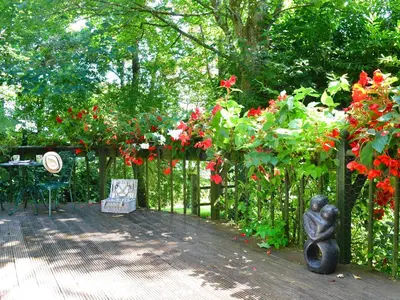 a garden with flowers and a statue on a deck at Beach Retreat - Ukc2322 in Carbis Bay