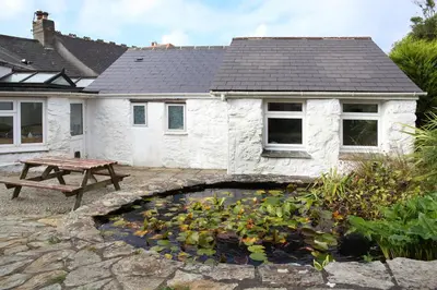 a house with a pond with lilies in front of it at Little Trewin in Helston