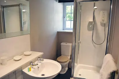 a bathroom with a shower and a sink and a toilet at Mews Cottage in Cury