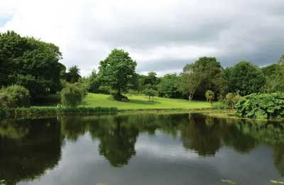 a view of a pond in a park with trees at Mews Cottage in Cury