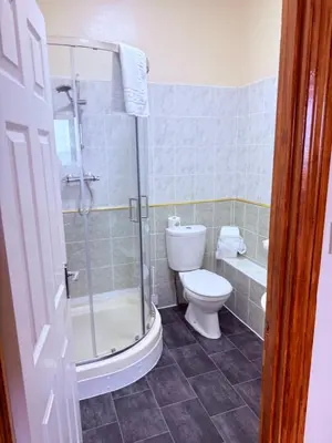 a bathroom with a toilet and a glass shower at Eton Court Apartments in Newquay