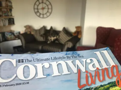 a sign for the ultimate lifeline lifeline by the sofa in a living room at Wellingtons in Fowey