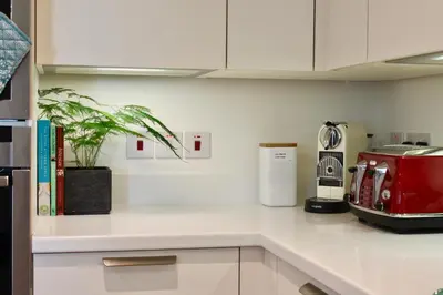 a kitchen counter with a toaster and a plant on it at Endcliffe in Falmouth