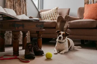 a dog sitting on the floor in a living room at Port Gaverne Hotel in Port Isaac