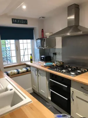 a kitchen with a stove and a sink at Priory Cottage Bodmin in Bodmin