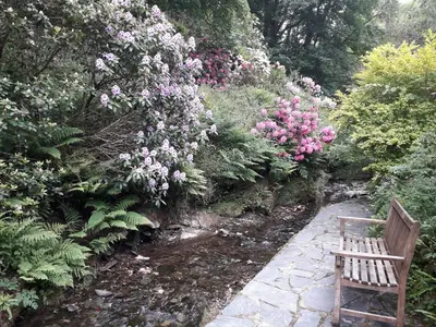 a wooden bench sitting next to a path with flowers at Miller's House in Tintagel