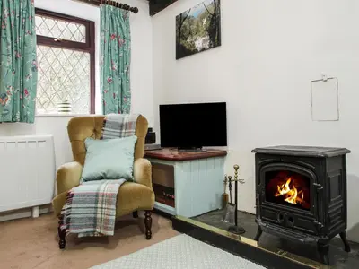 a living room with a fireplace and a chair and a television at Coachman's in Forrabury