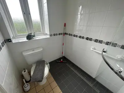 a white bathroom with a toilet and a window at Wheal Hart in Newlyn East