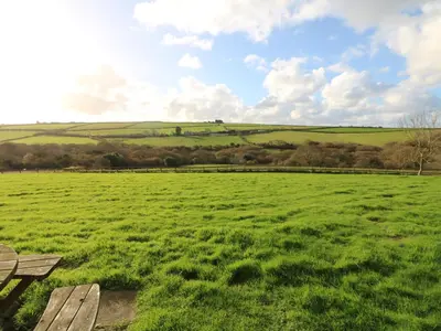 a green field with a bench in the foreground at Wheal Hart in Newlyn East