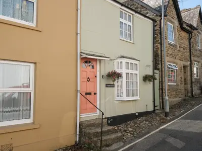 a house with a pink door on a street at 5 Bodmin Hill in Lostwithiel
