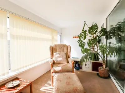 a living room with a chair and a plant at Harlyn in Mevagissey