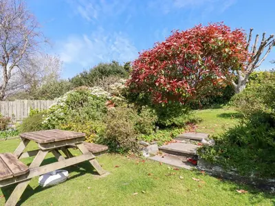 a picnic table and a bush with red flowers at Harlyn in Mevagissey