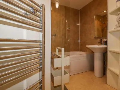 a bathroom with a shower and a sink and a toilet at Wheal Honey in Newlyn East