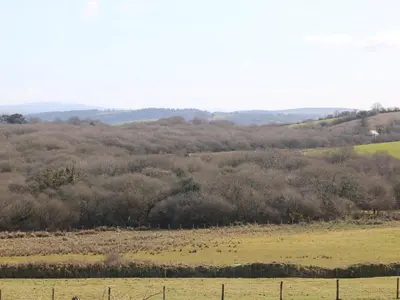 a field with trees and a fence in the foreground at Foxes in Lanivet