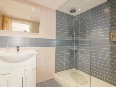 a bathroom with a sink and a shower at Apartment 1, Trearren in St. Agnes