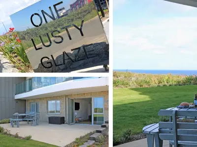 a collage of three pictures of a house at Saltwater, One Lusty Glaze in Newquay
