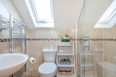 a bathroom with a toilet and a sink and a shower at The Litte Hideaway in Saint Columb Minor