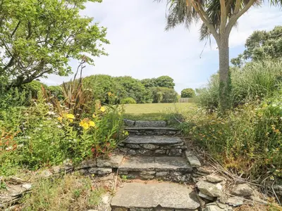 a set of stone stairs in a garden with a palm tree at Seaport Lodge in Mawgan Porth