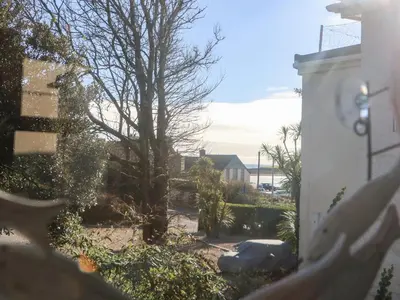 a view of a house and a tree from a window at Mackerel Sky in Marazion