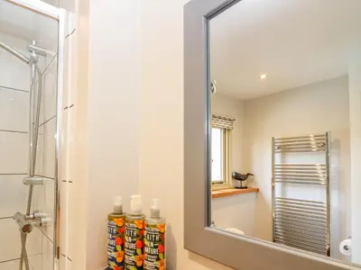 a bathroom with a shower and a mirror at Woodfield Coach House in Merrymeet